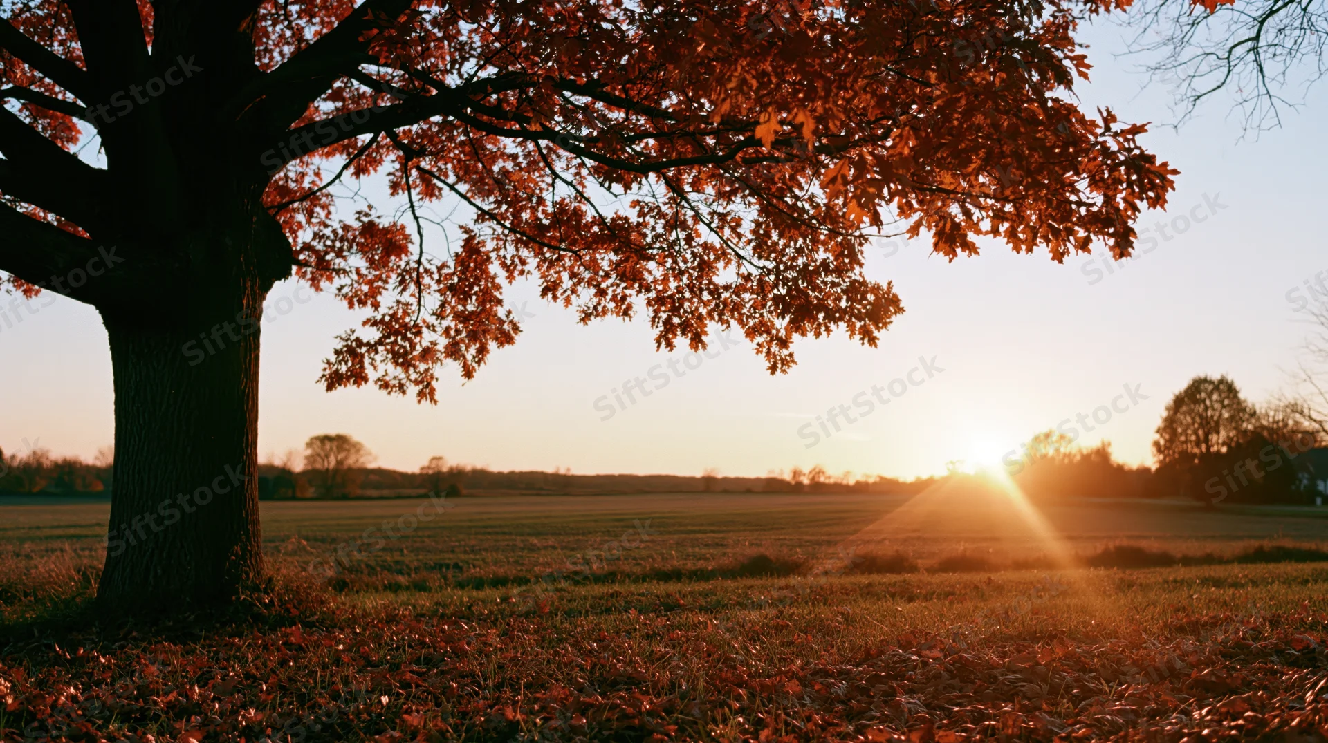 Large oak tree with fiery orange-red autumn leaves framing a sunset over a rural field