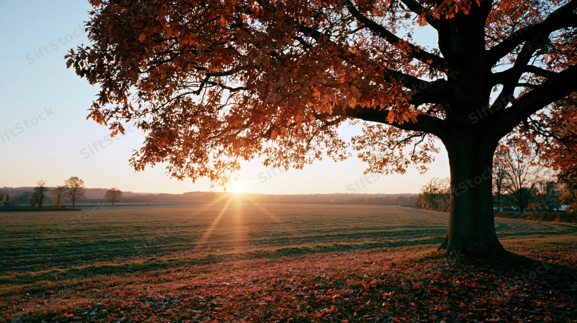 Large oak tree with fiery orange-red autumn leaves framing a sunset over a grassy field