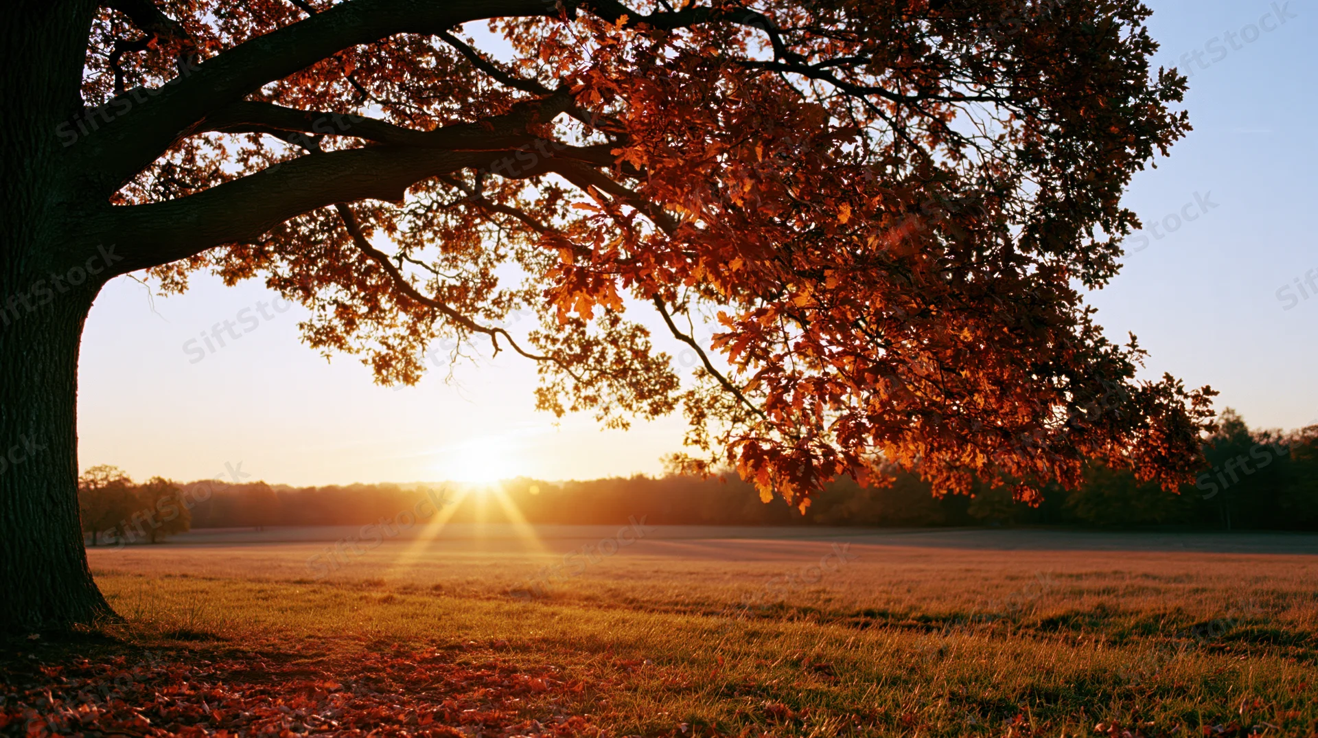 Large oak tree with fiery orange-red autumn leaves framing a sunset over a grassy field