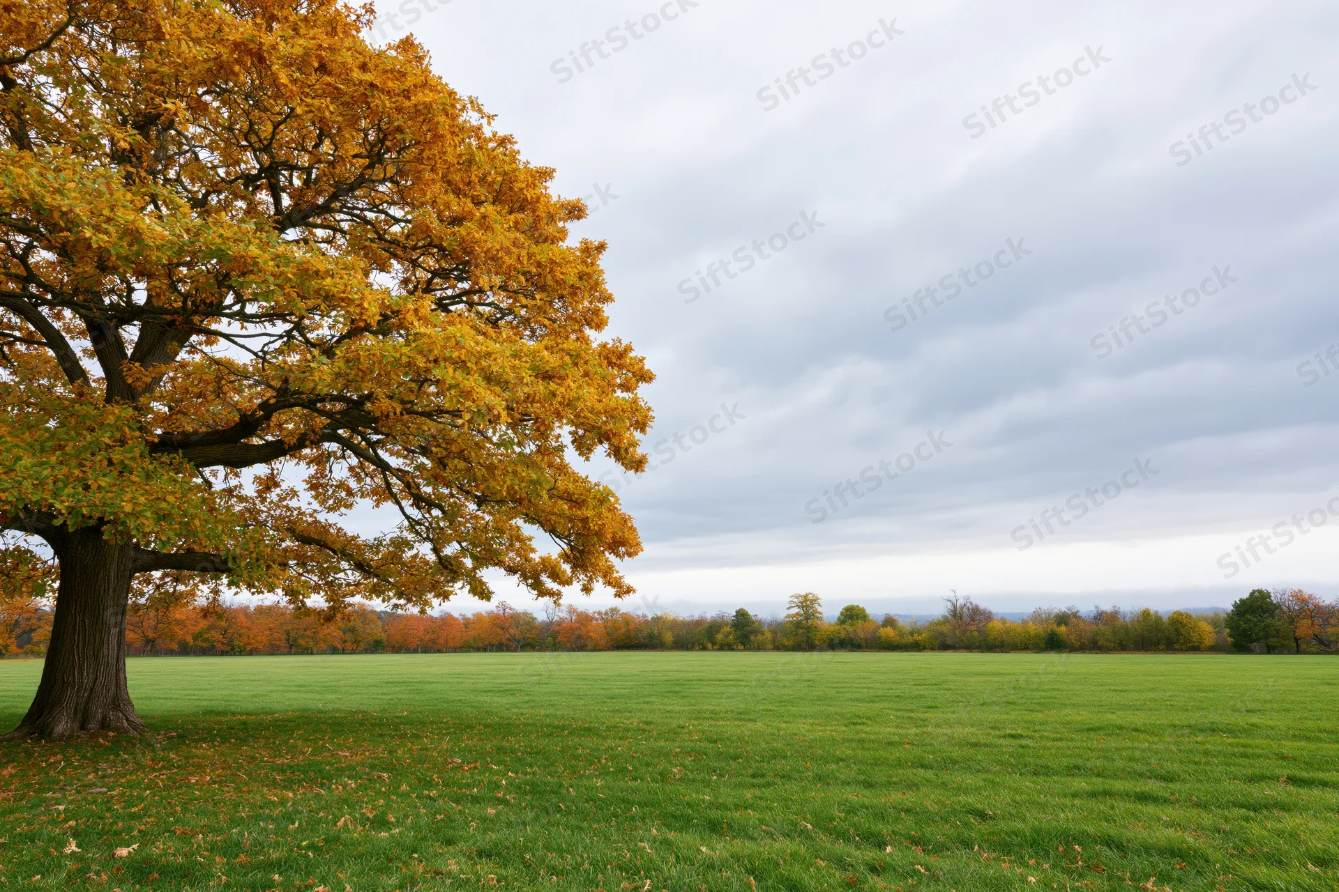 Large oak tree with golden-yellow autumn foliage standing in a grassy field under an overcast sky