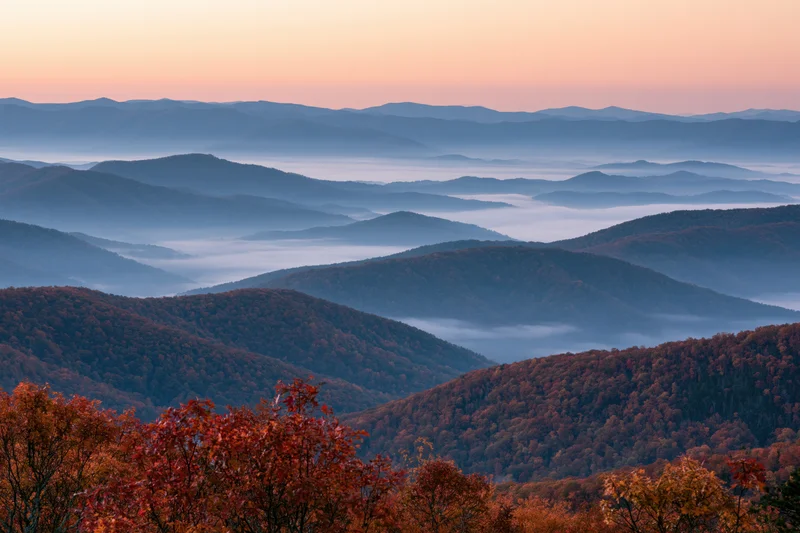 Layered mountain ridges covered in autumn foliage with morning mist in valleys
