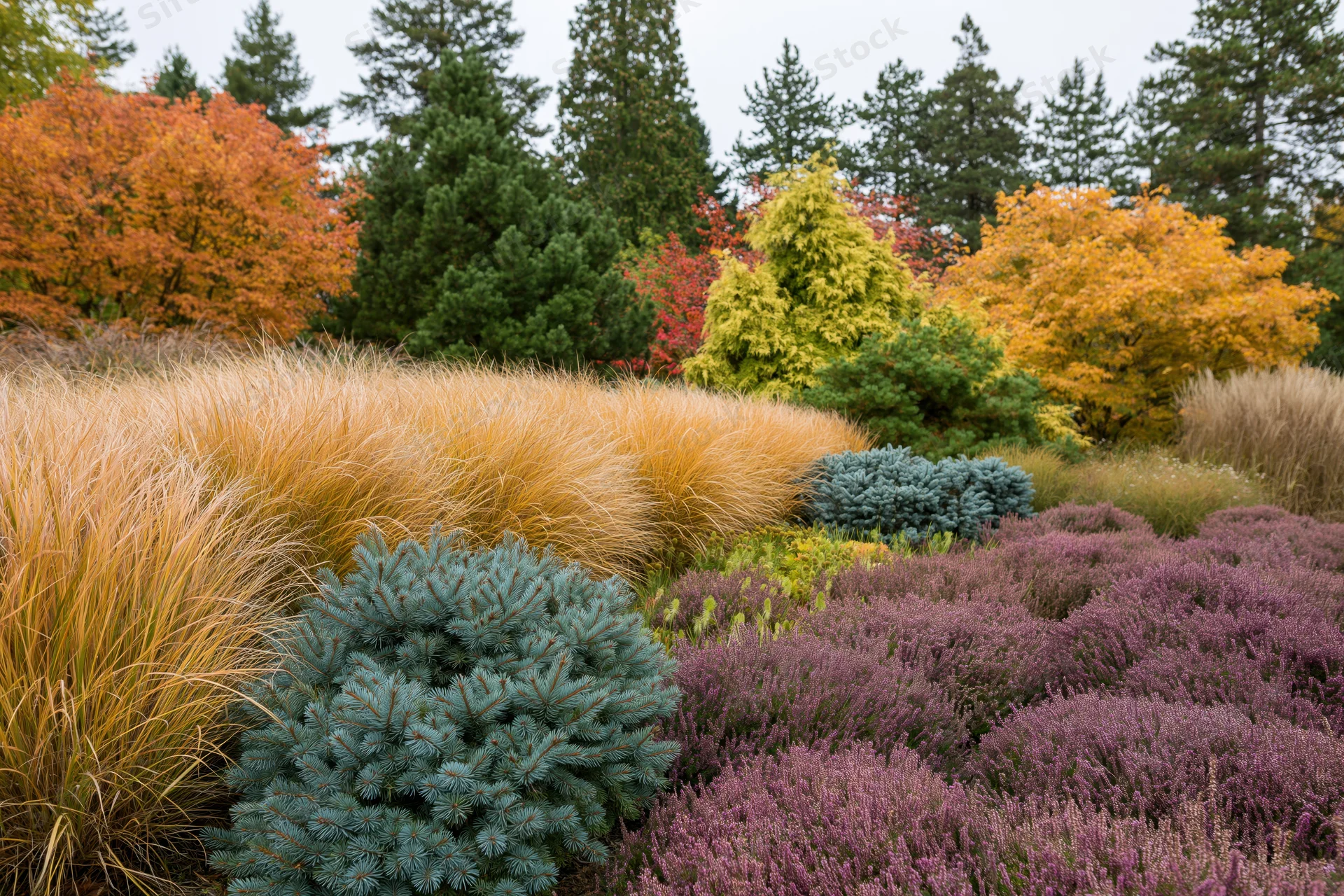 Layered autumn garden border with ornamental grasses, lavender, and conifers in natural outdoor setting