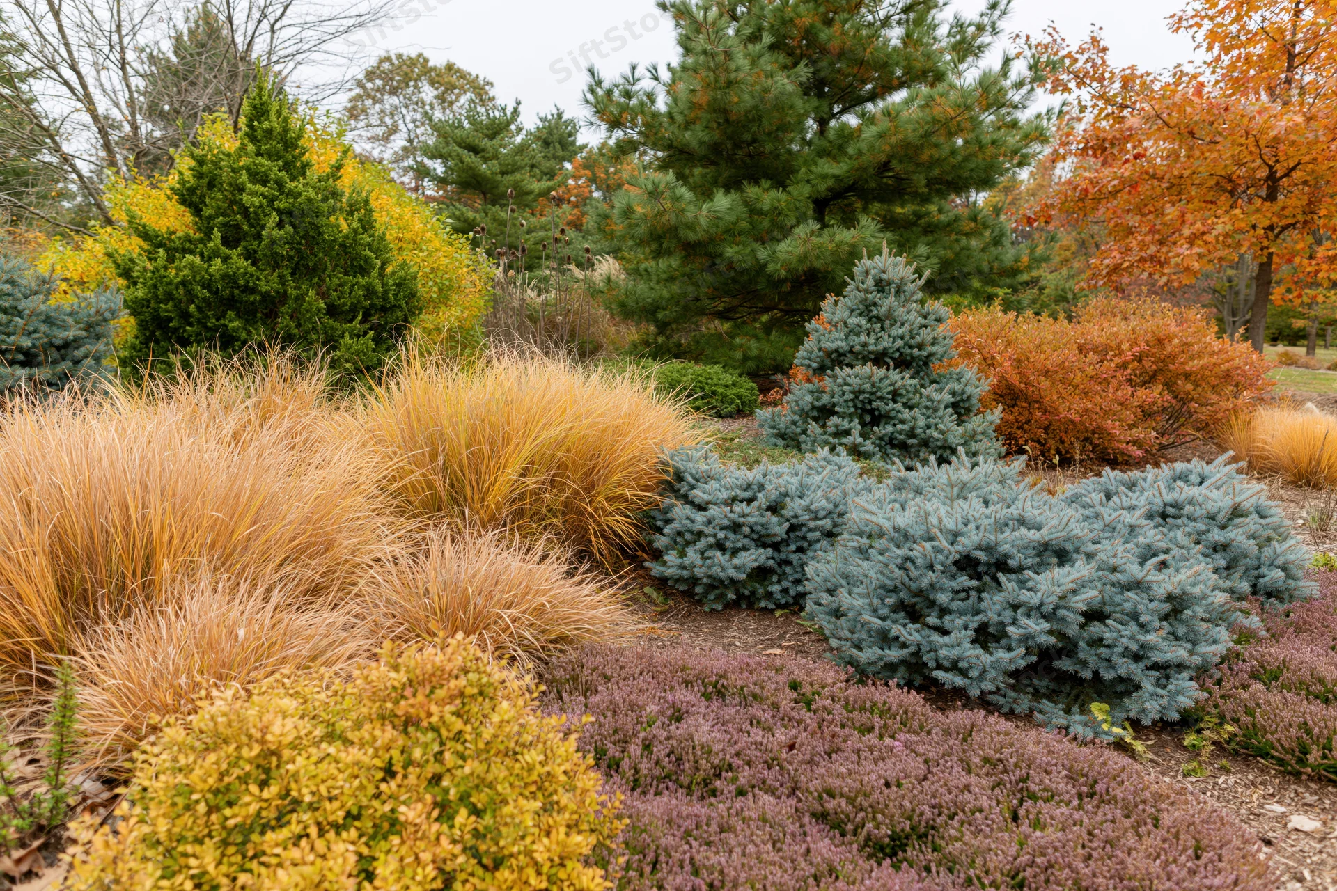 Layered autumn garden border with ornamental grasses, dwarf conifers and heather in natural outdoor setting