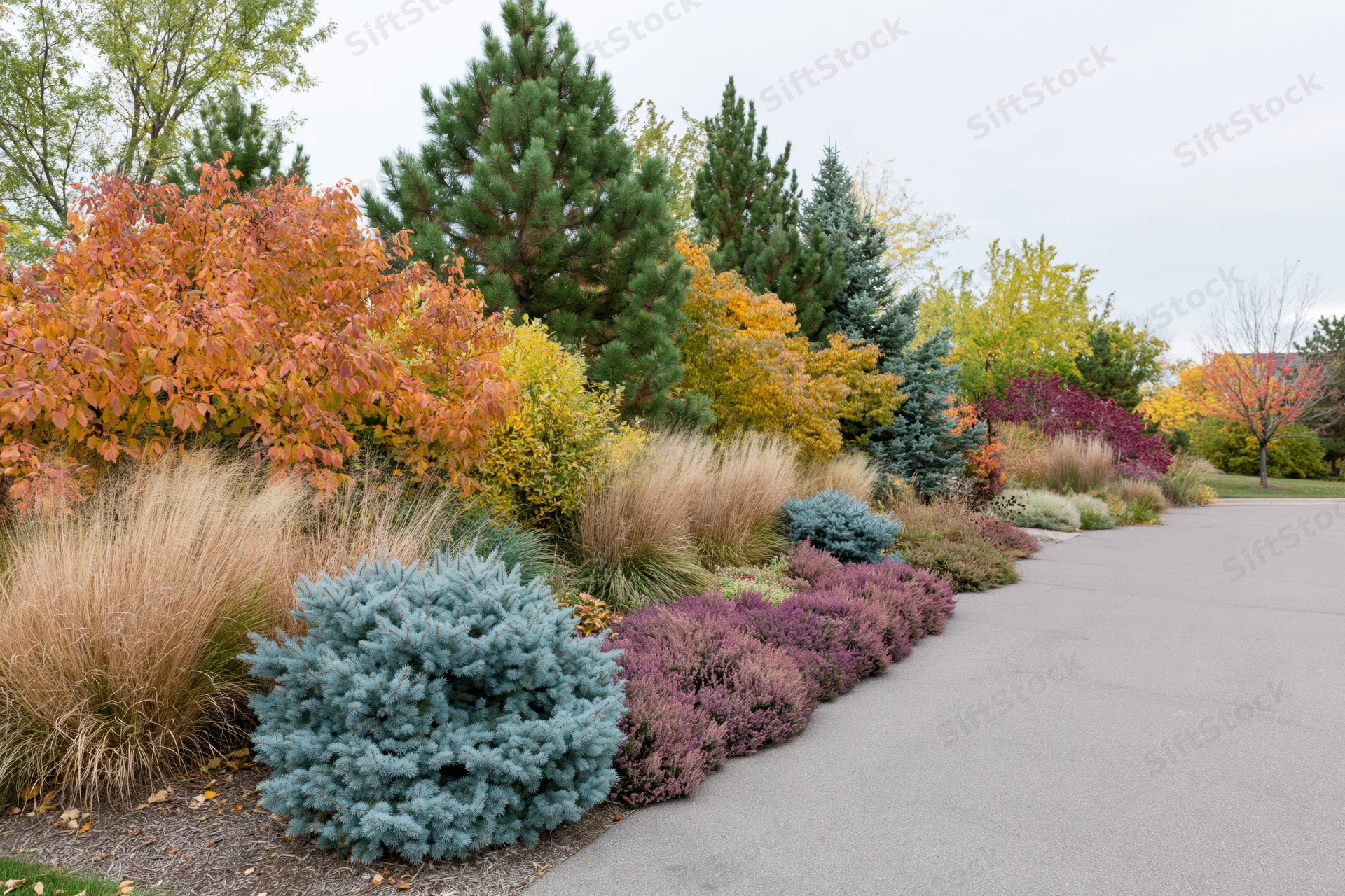 Layered autumn garden border with ornamental grasses and colorful shrubs along a paved pathway