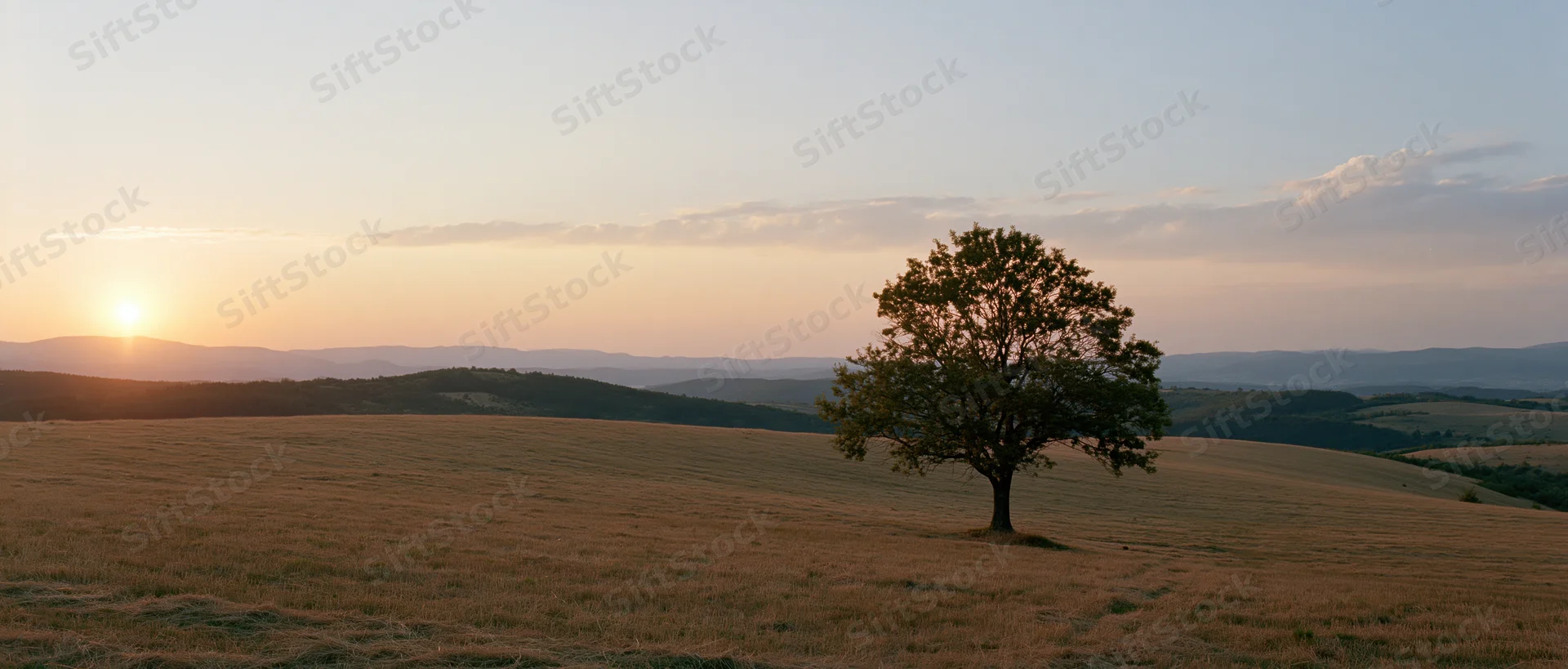 Lone tree on a gently sloping meadow at sunset