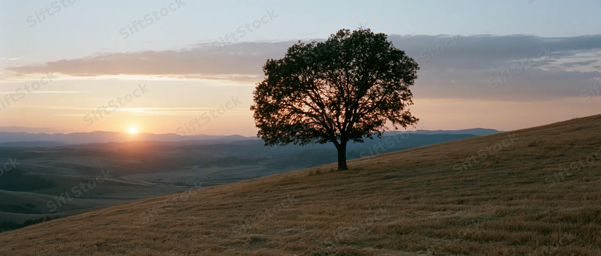Lone tree silhouetted on a grassy hill at sunset over a rolling valley