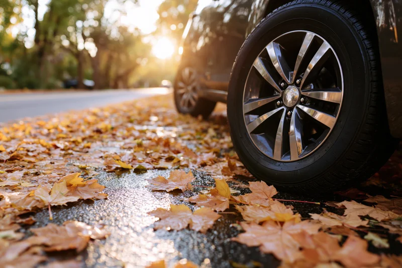 Closeup of car wheel on leaf-covered pavement at golden hour