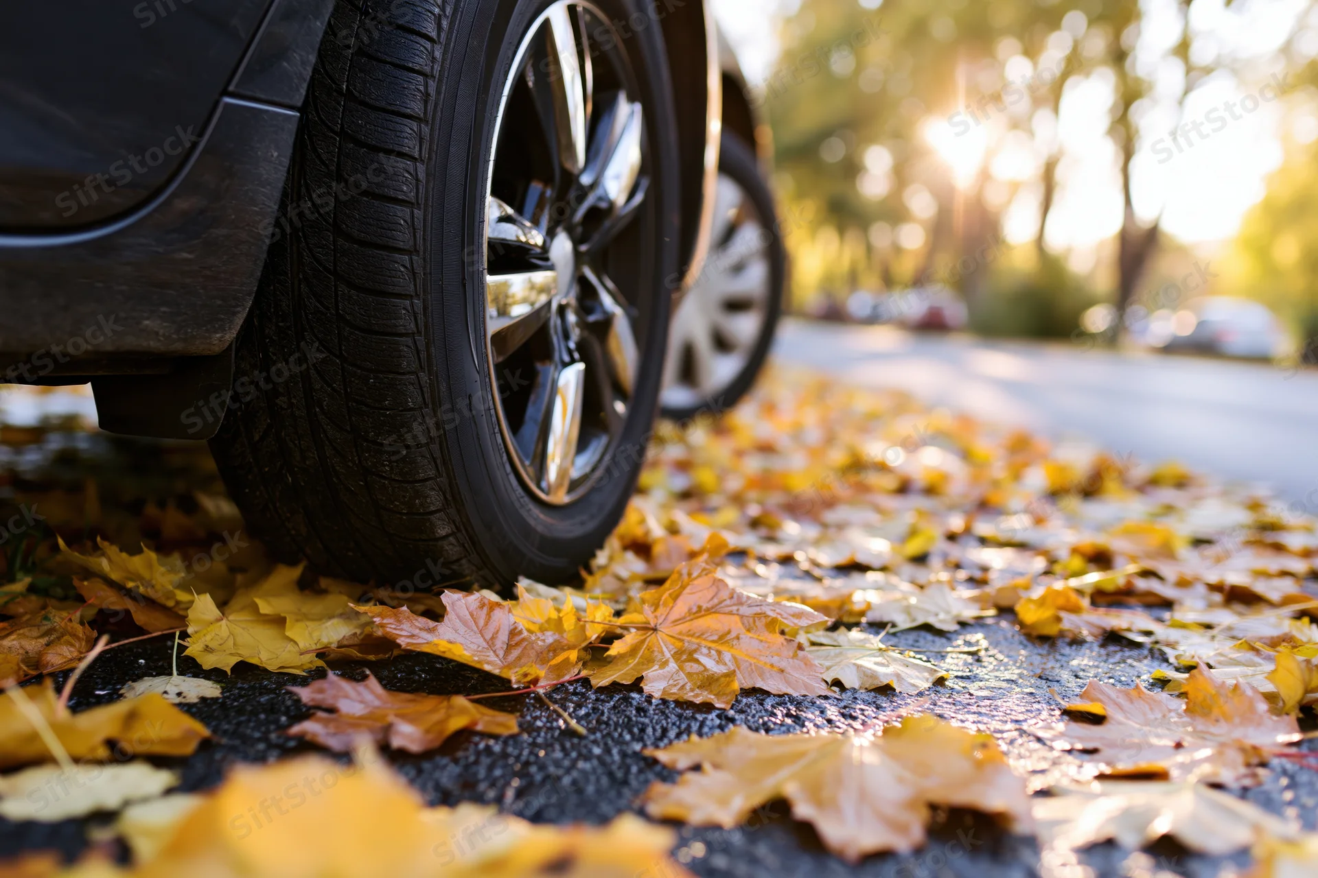 Closeup of car wheel on pavement covered with fallen autumn leaves at low angle
