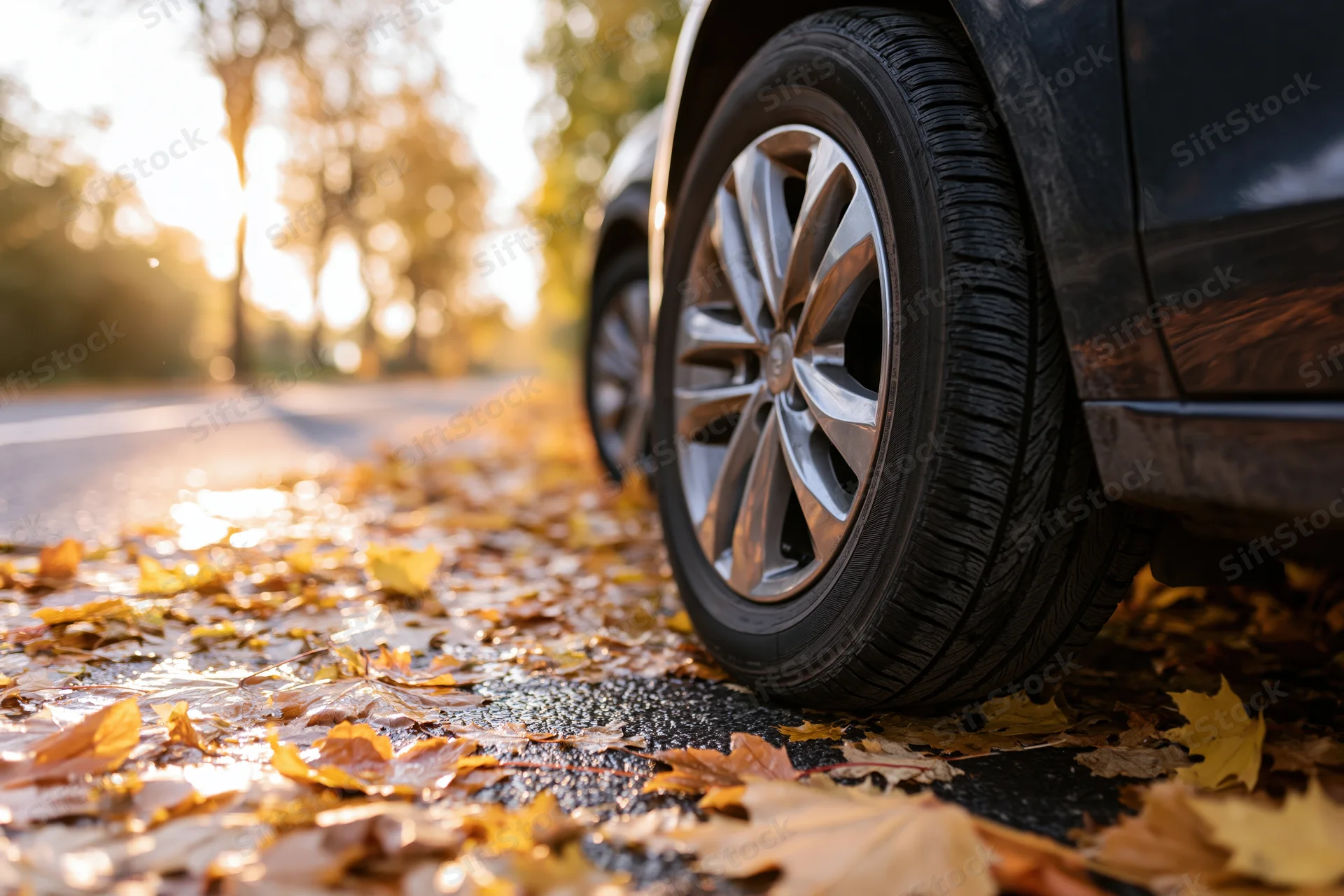 Closeup of car wheel on autumn leaves covered road at low angle