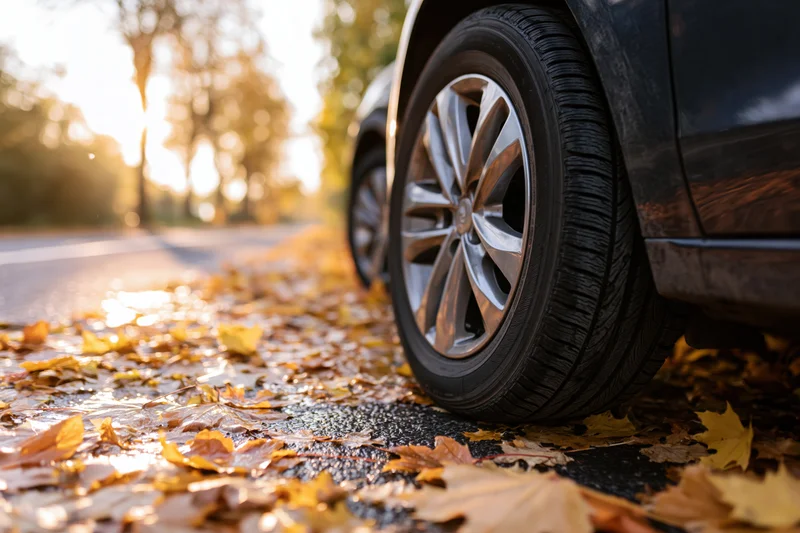 Closeup of car wheel on autumn leaves covered road at low angle