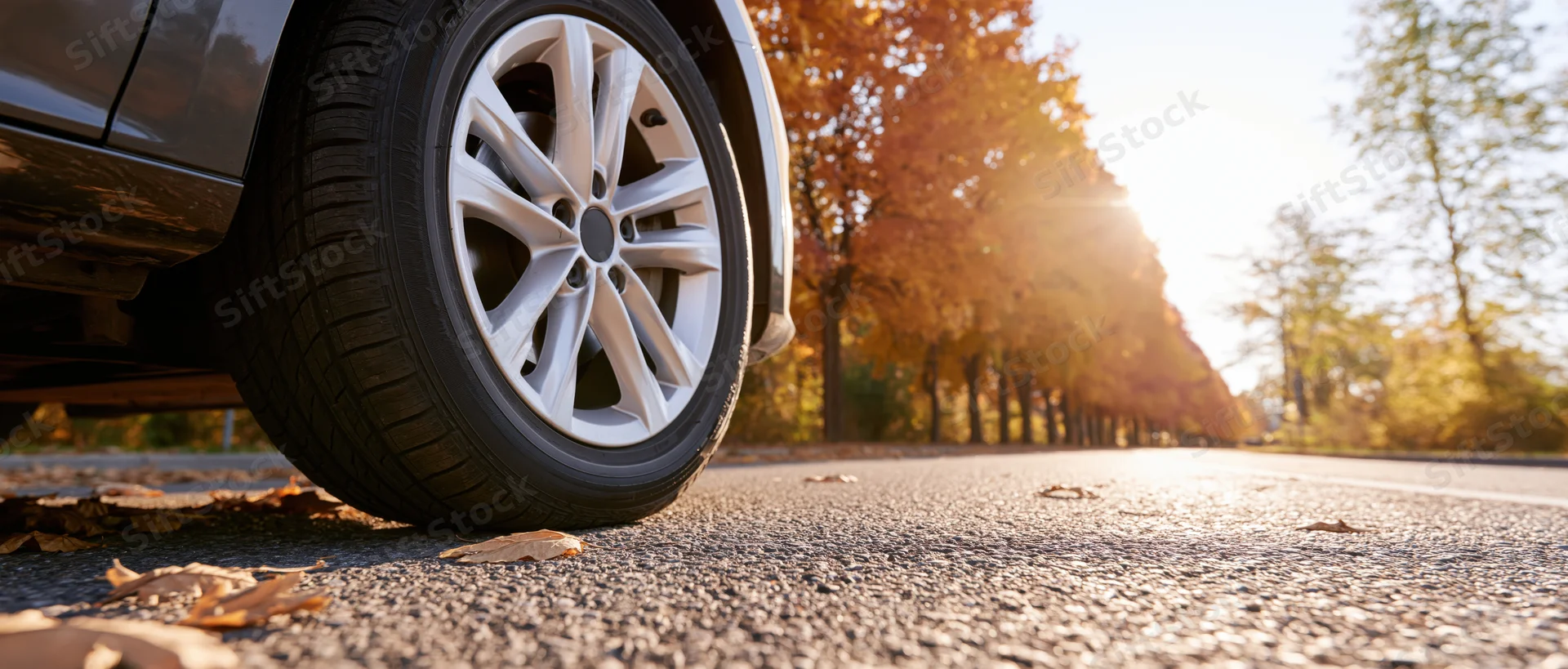 Close-up of a car's front wheel and alloy rim on a leaf-strewn road lined with autumn trees