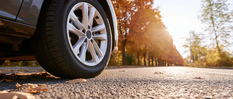 Close-up of a car's front wheel and alloy rim on a leaf-strewn road lined with autumn trees