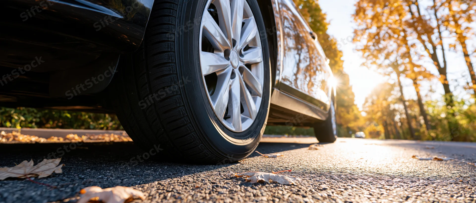 Low-angle closeup of a car's front wheel and alloy rim on an autumn road with fallen leaves and sunlight