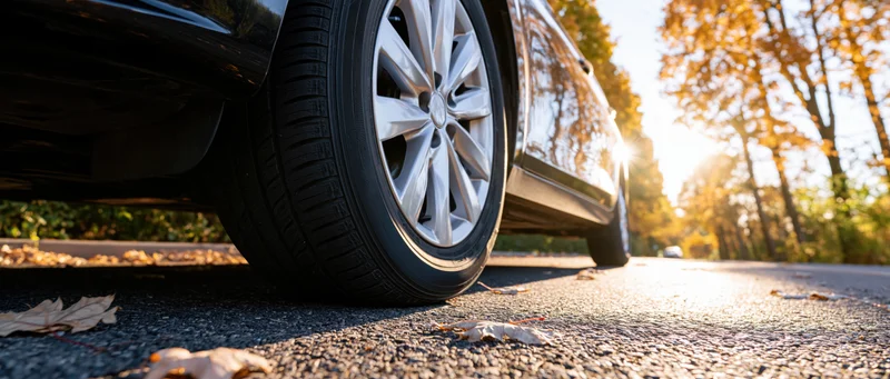 Low-angle closeup of a car's front wheel and alloy rim on an autumn road with fallen leaves and sunlight