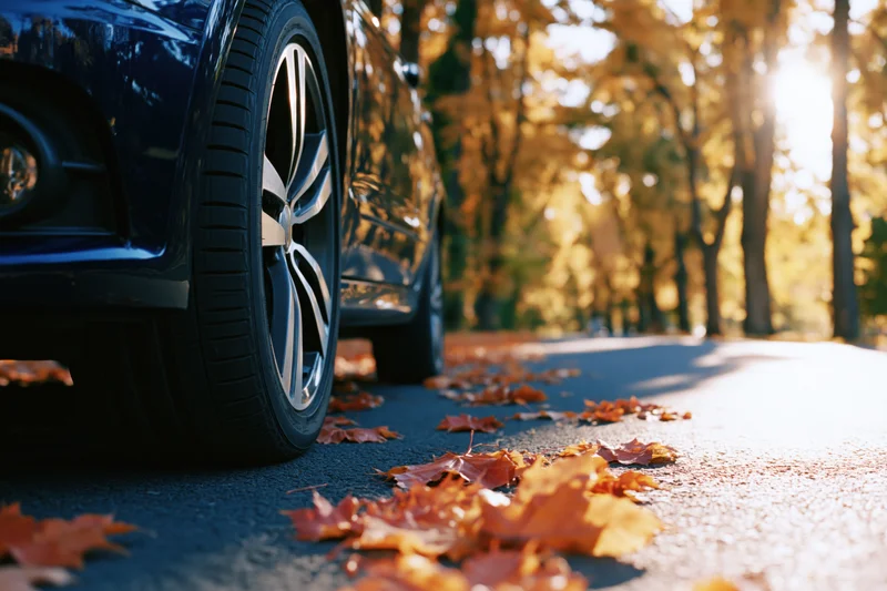 Dark blue car parked on asphalt road with autumn leaves scattered around in a sunlit park