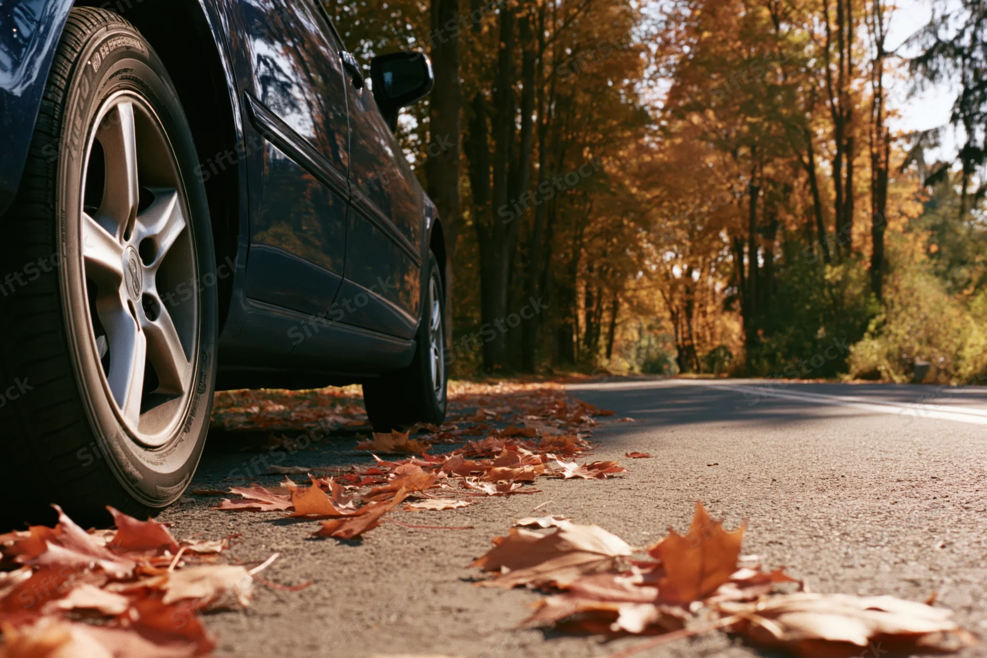 Dark blue car parked on asphalt road surrounded by fallen autumn leaves in forested area
