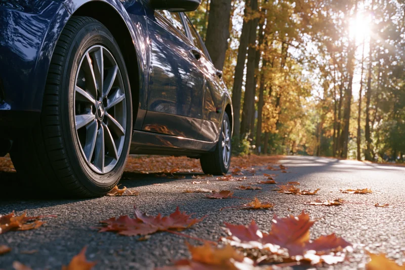 Dark blue car parked on asphalt road surrounded by autumn leaves in forest setting