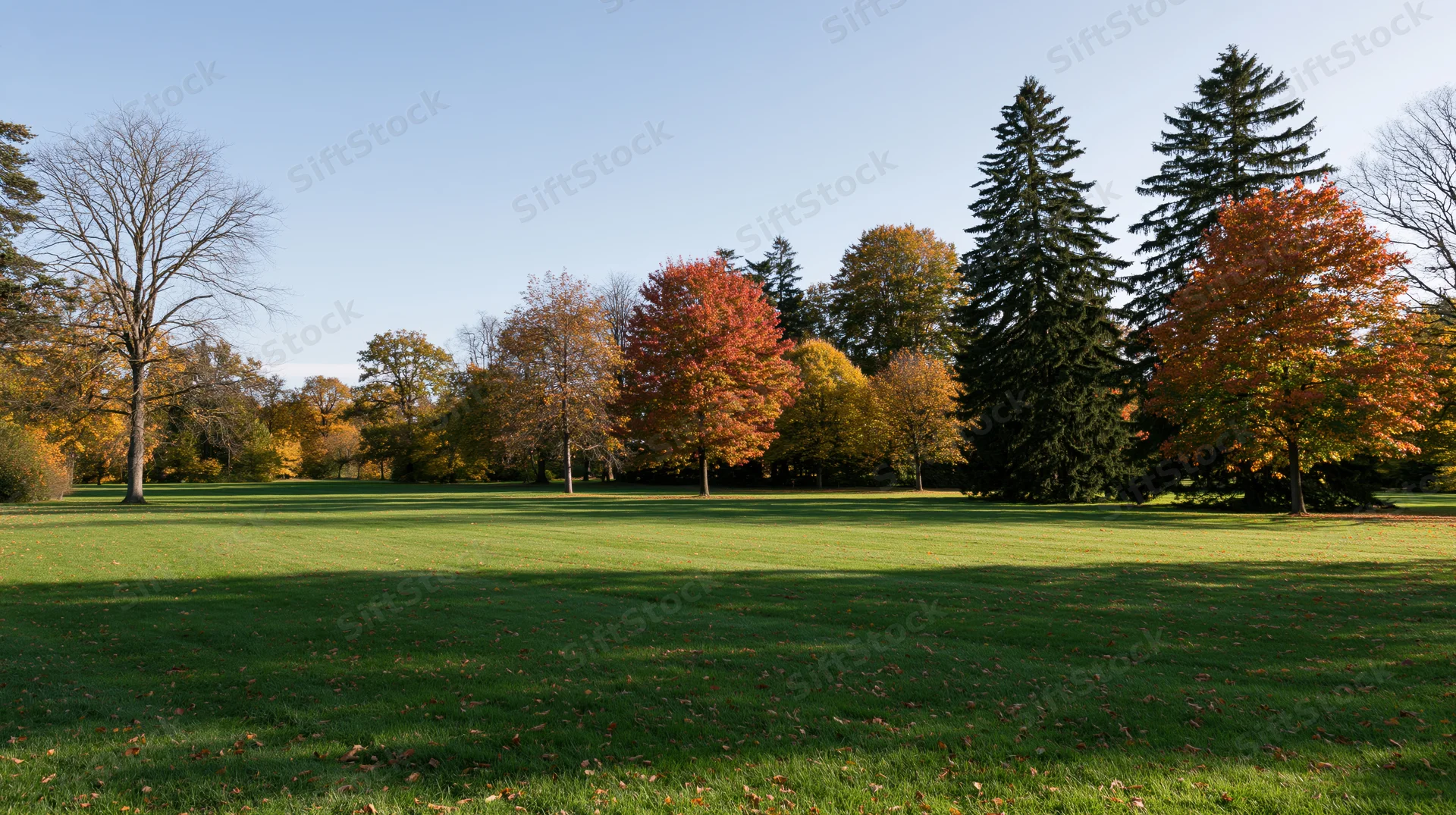 Wide landscape of a manicured park with colorful autumn trees and green lawn under clear blue sky