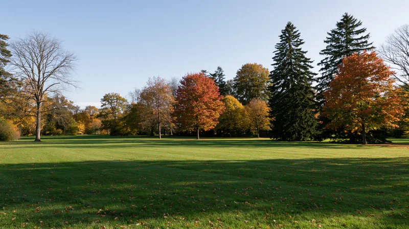 Wide landscape of a manicured park with colorful autumn trees and green lawn under clear blue sky