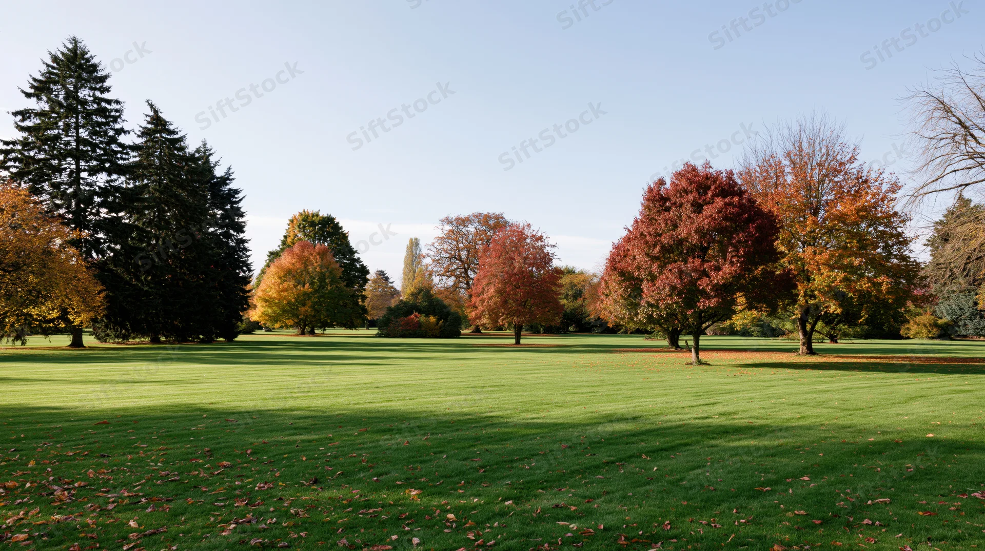 Wide landscape of a manicured park in autumn with colorful trees and green lawn under clear sky