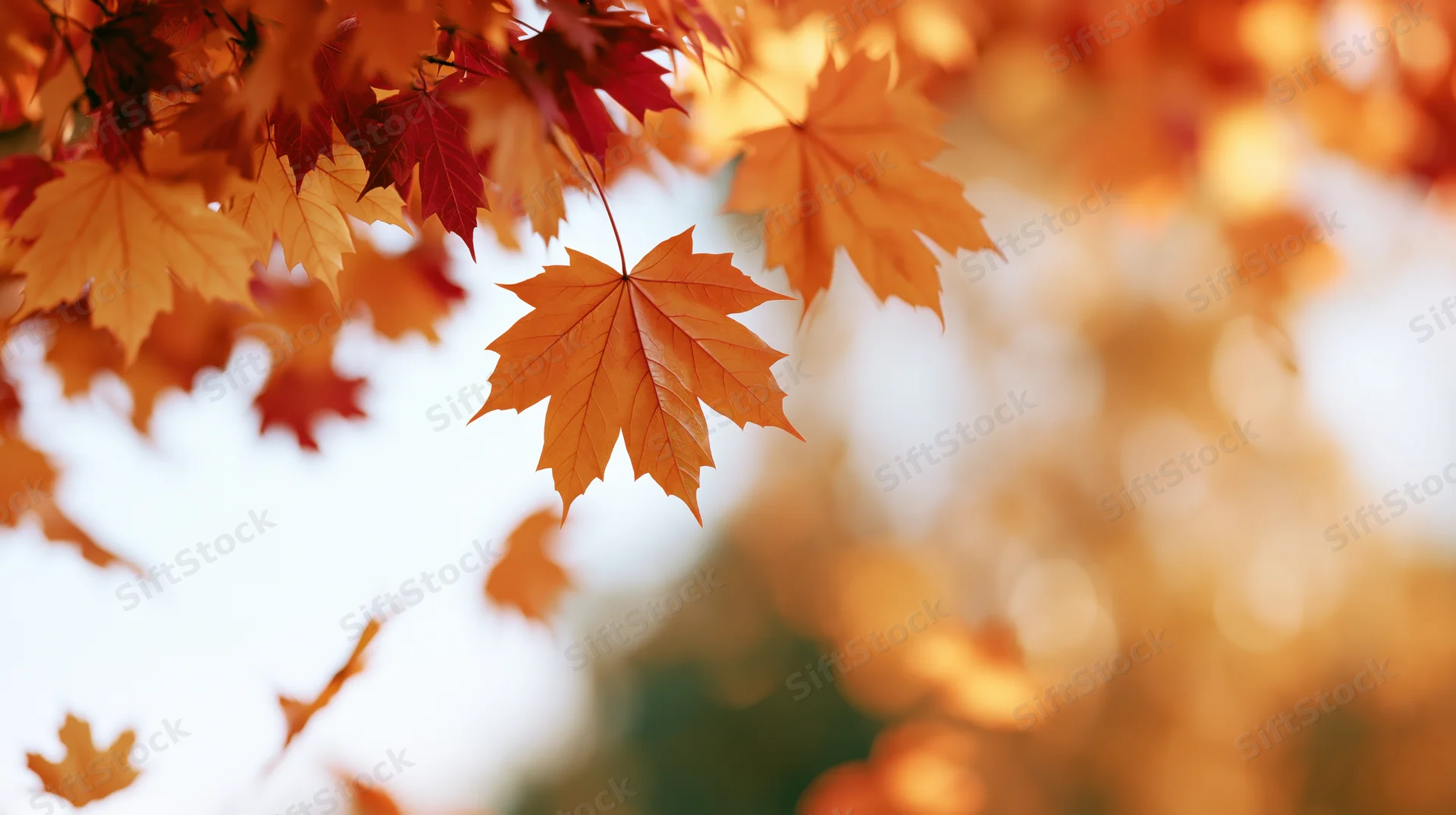 Maple leaves drifting in midair against a bright sky with soft bokeh background