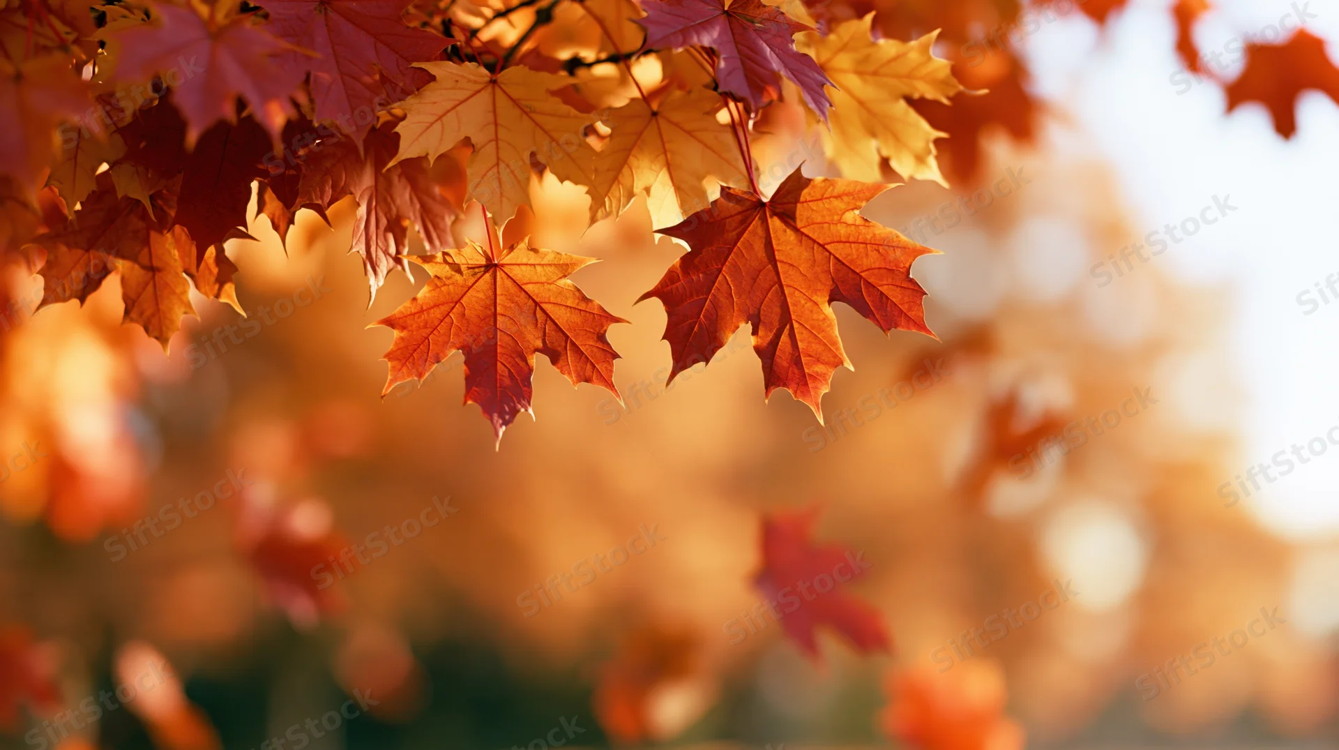 Maple leaves in autumn colors drifting in mid-air against a soft blurred background