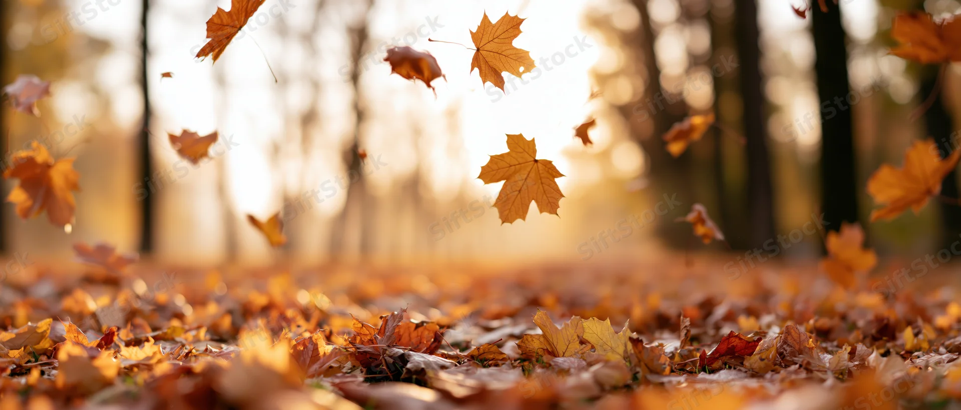 Maple leaves falling mid-air above a carpet of fallen leaves in a forest at golden hour