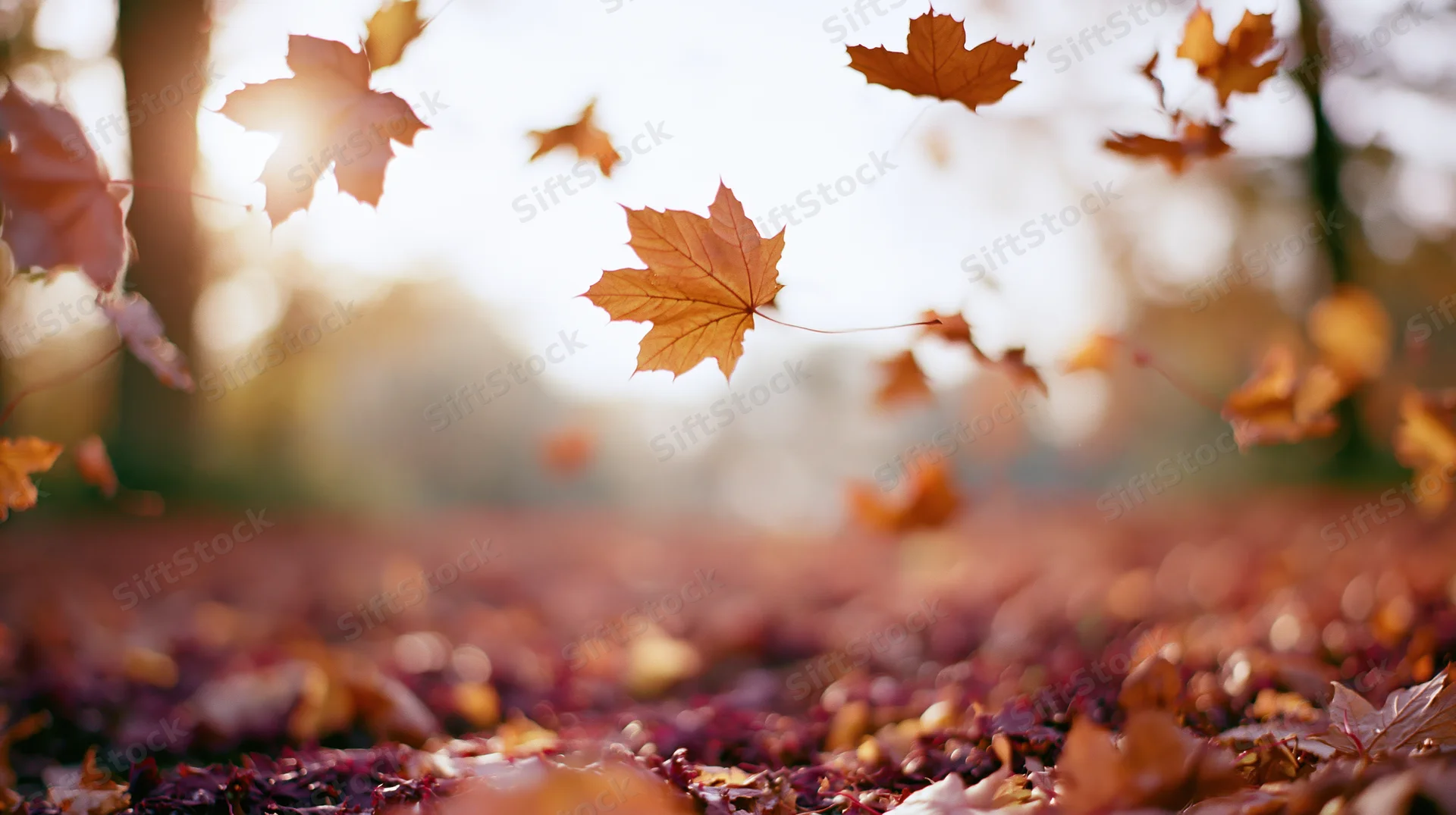 Maple leaves falling and drifting mid-air in an autumn forest with sunlight filtering through trees