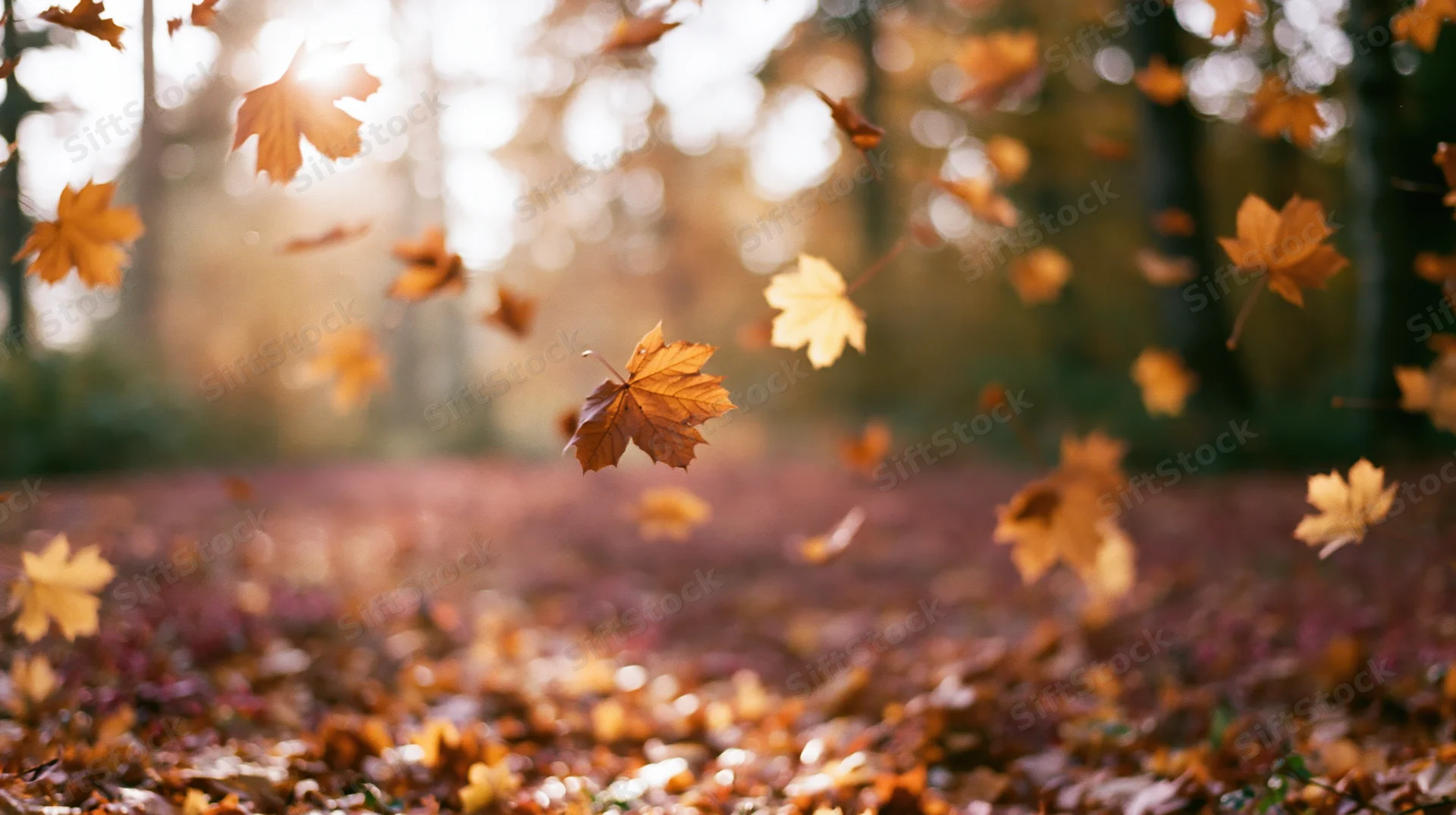 Maple leaves falling midair in an autumn forest with sunlight filtering through trees