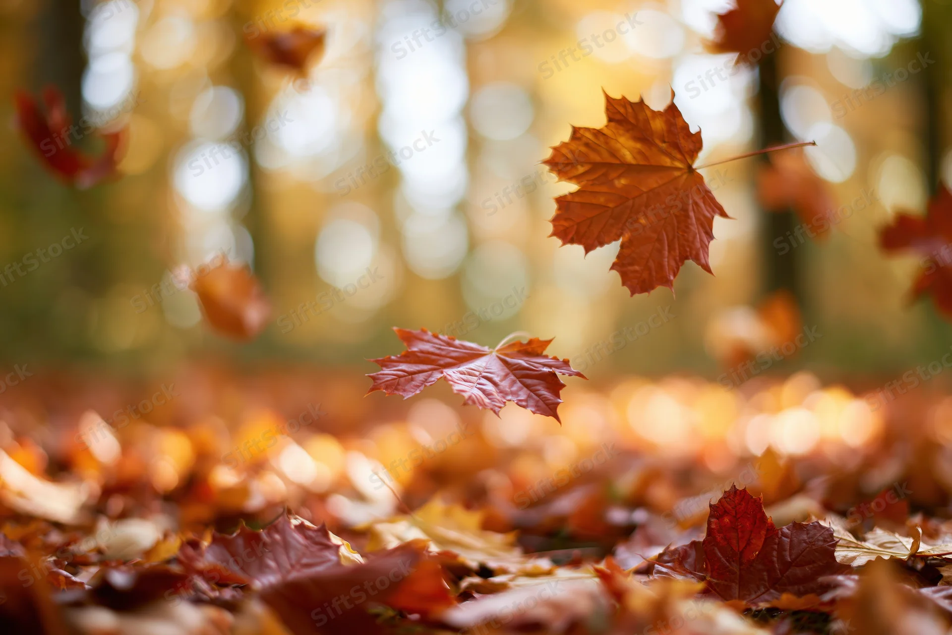 Maple leaves falling and scattered across a forest floor in autumn