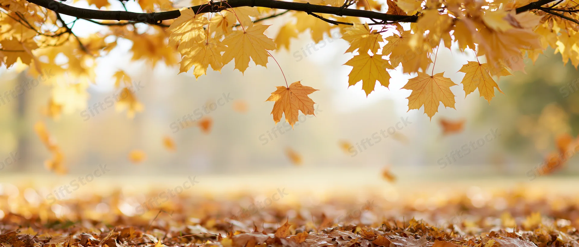 Maple leaves falling from a tree branch in an autumn park with a carpet of foliage on the ground