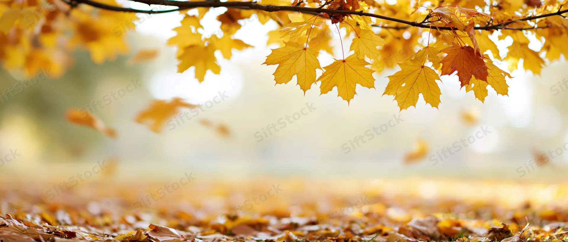 Maple leaves falling from a branch over a carpet of fallen leaves in an autumn park