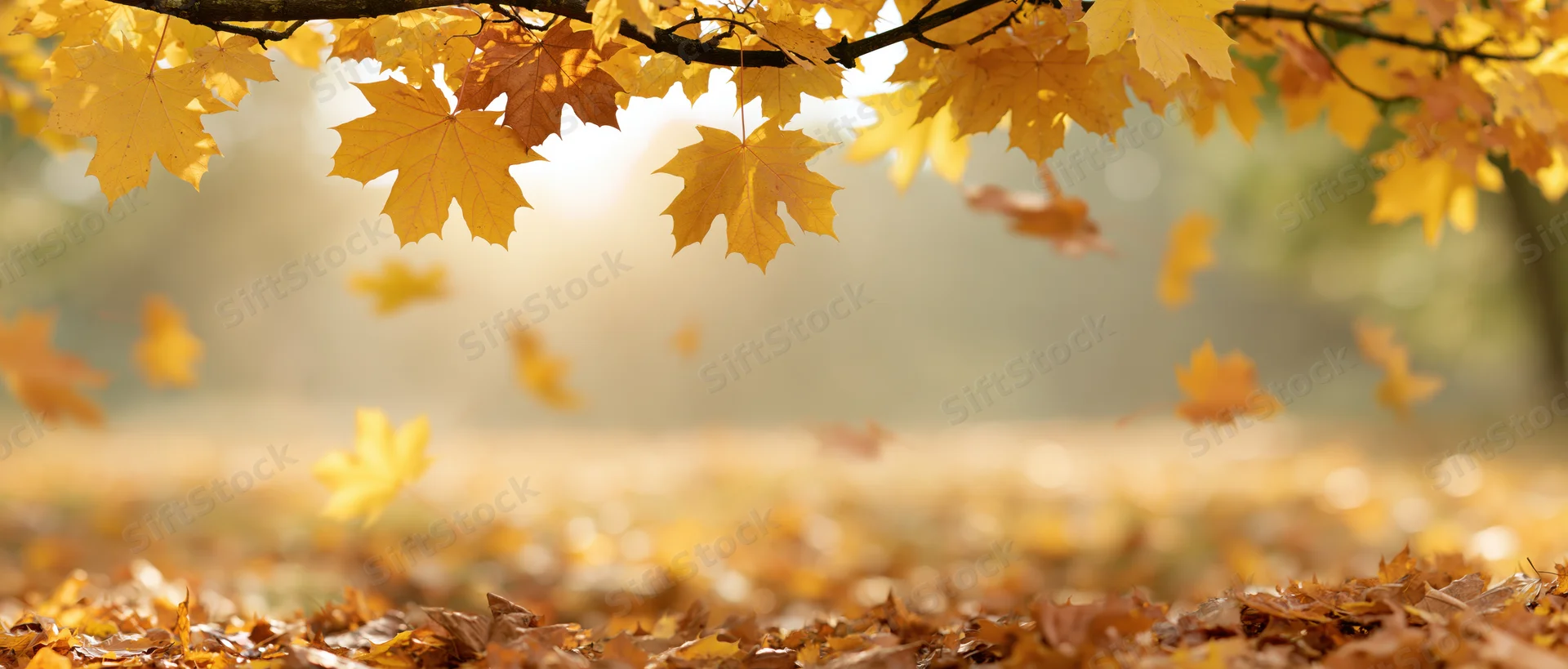 Maple leaves falling from a tree branch in an autumn park with sunlight filtering through