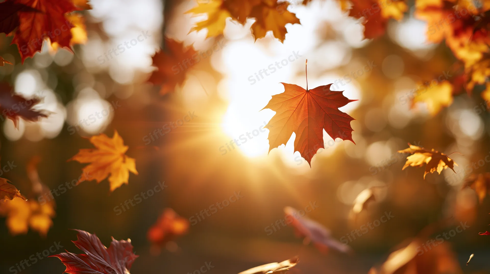 Maple leaves floating in autumn sunlight through a forest canopy