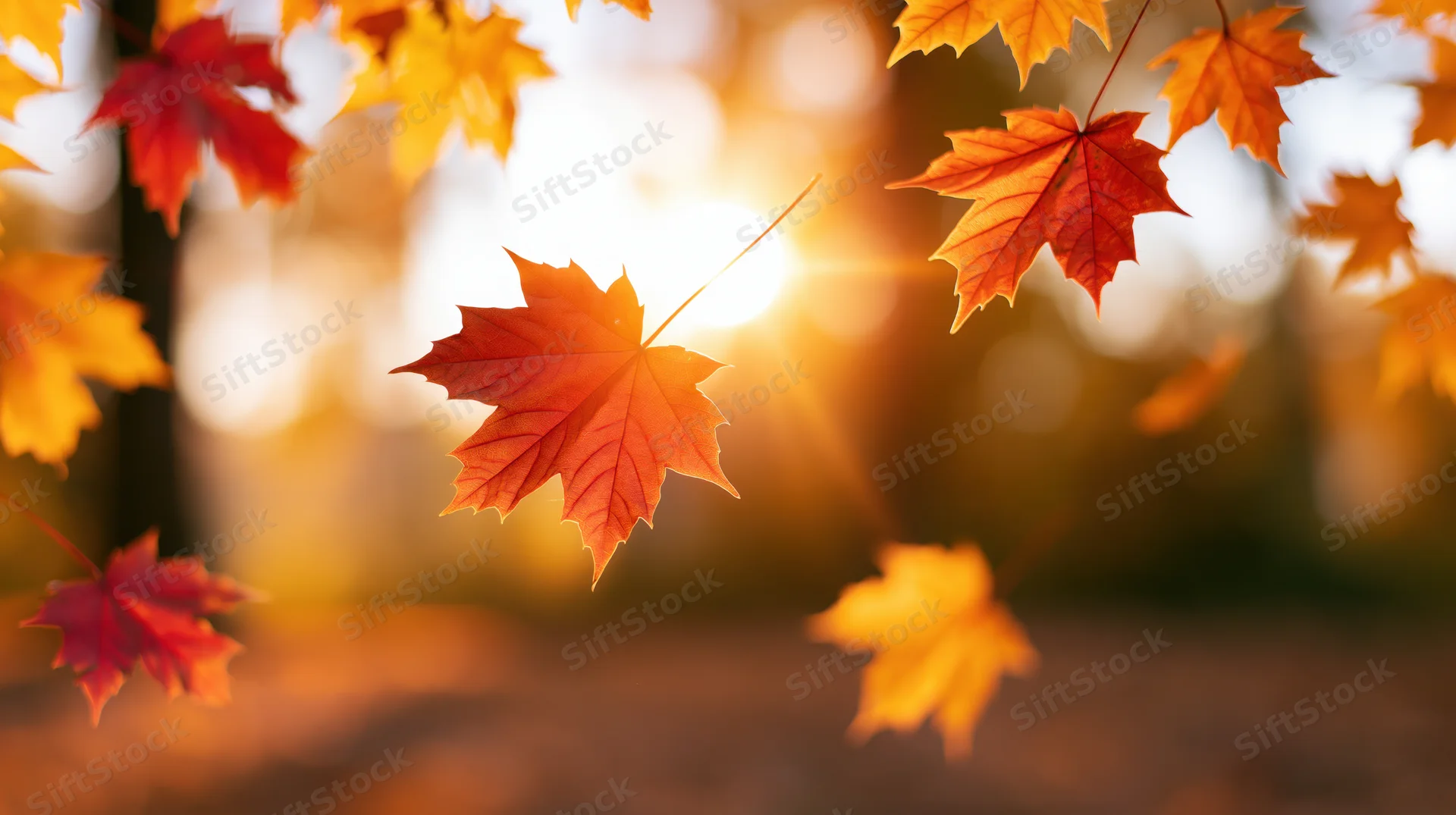 Maple leaves floating in autumn sunlight in a forest setting