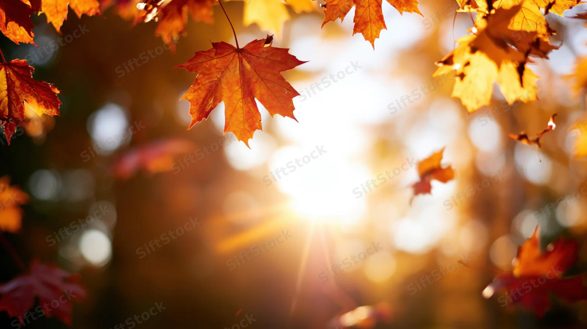 Maple leaves floating in autumn sunlight through a forest canopy