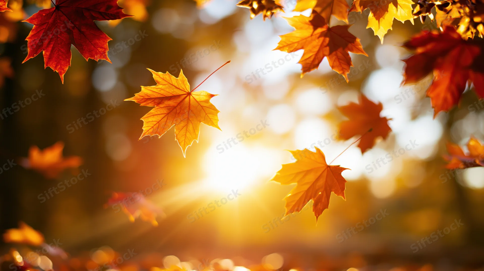 Maple leaves floating in autumn sunlight through a forest canopy