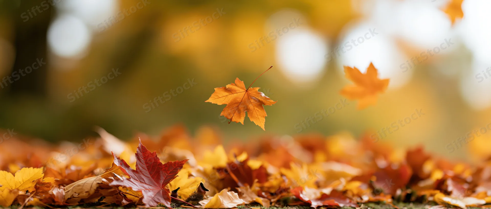 Maple leaves falling and scattered on ground in autumn forest