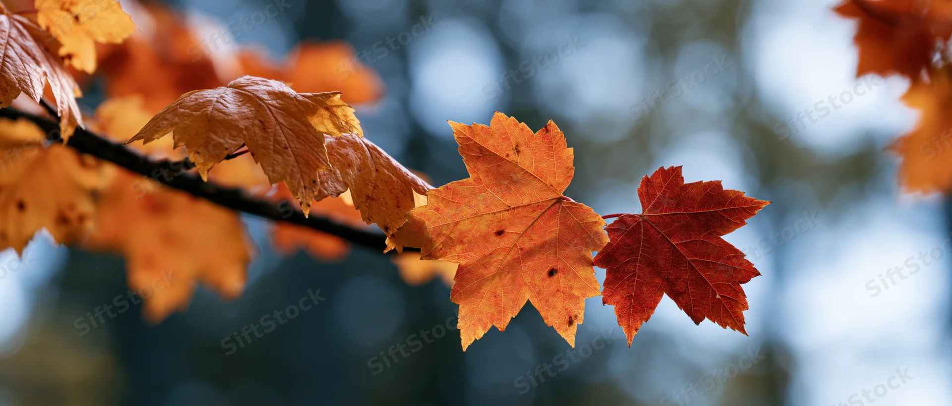 Maple branch with autumn leaves in vibrant orange and red hues against a blurred forest backdrop