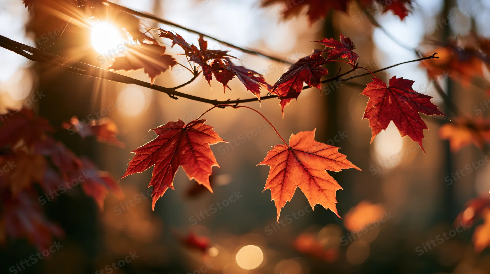 Maple leaves in autumn colors on a branch backlit by sunlight in a forest