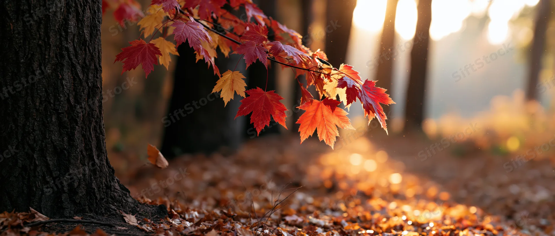 Maple tree branch with red and yellow autumn leaves hanging over a forest path at sunrise