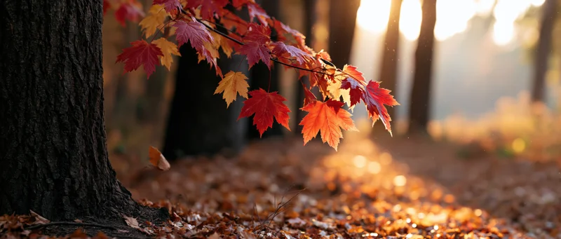 Maple tree branch with red and yellow autumn leaves hanging over a forest path at sunrise