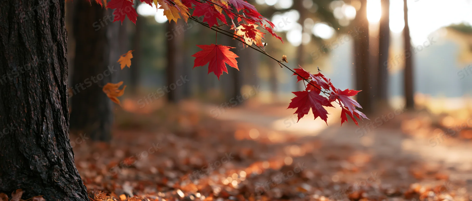 Maple tree branch with red and yellow autumn leaves hanging over a forest path covered in fallen foliage