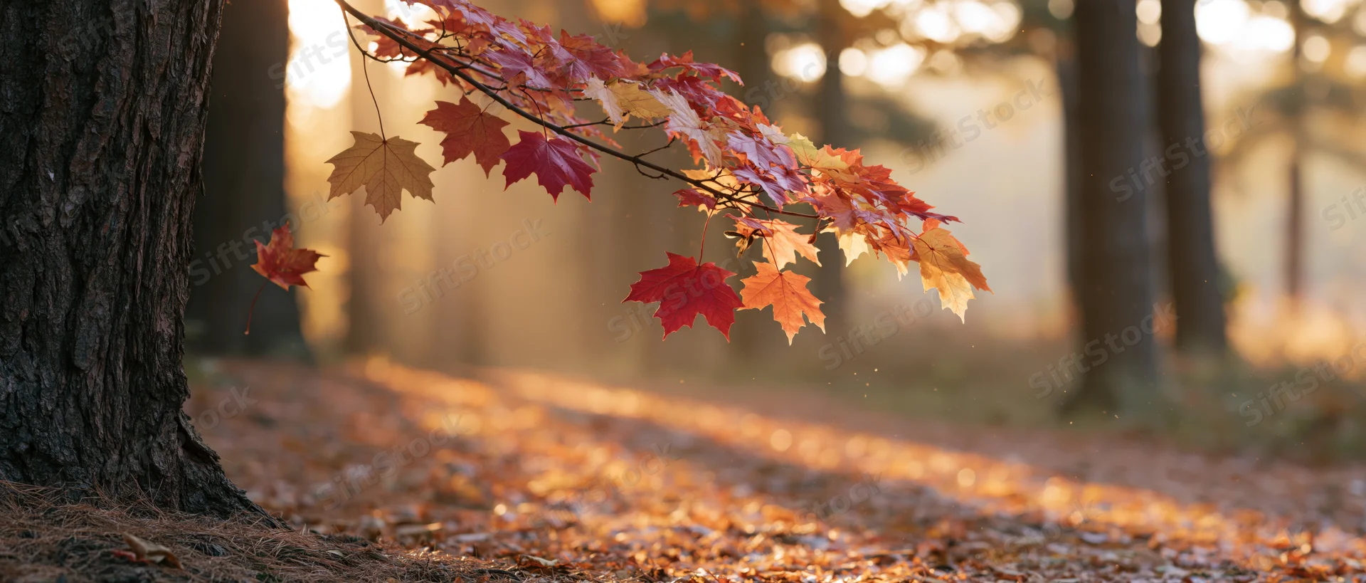 Maple tree branch with red and yellow autumn leaves hanging over a forest path at golden hour