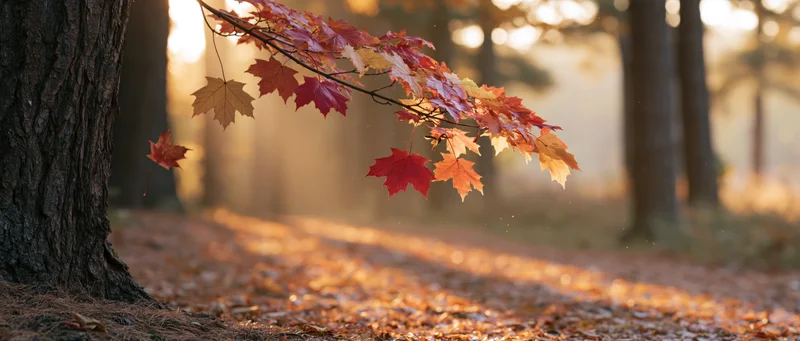 Maple tree branch with red and yellow autumn leaves hanging over a forest path at golden hour