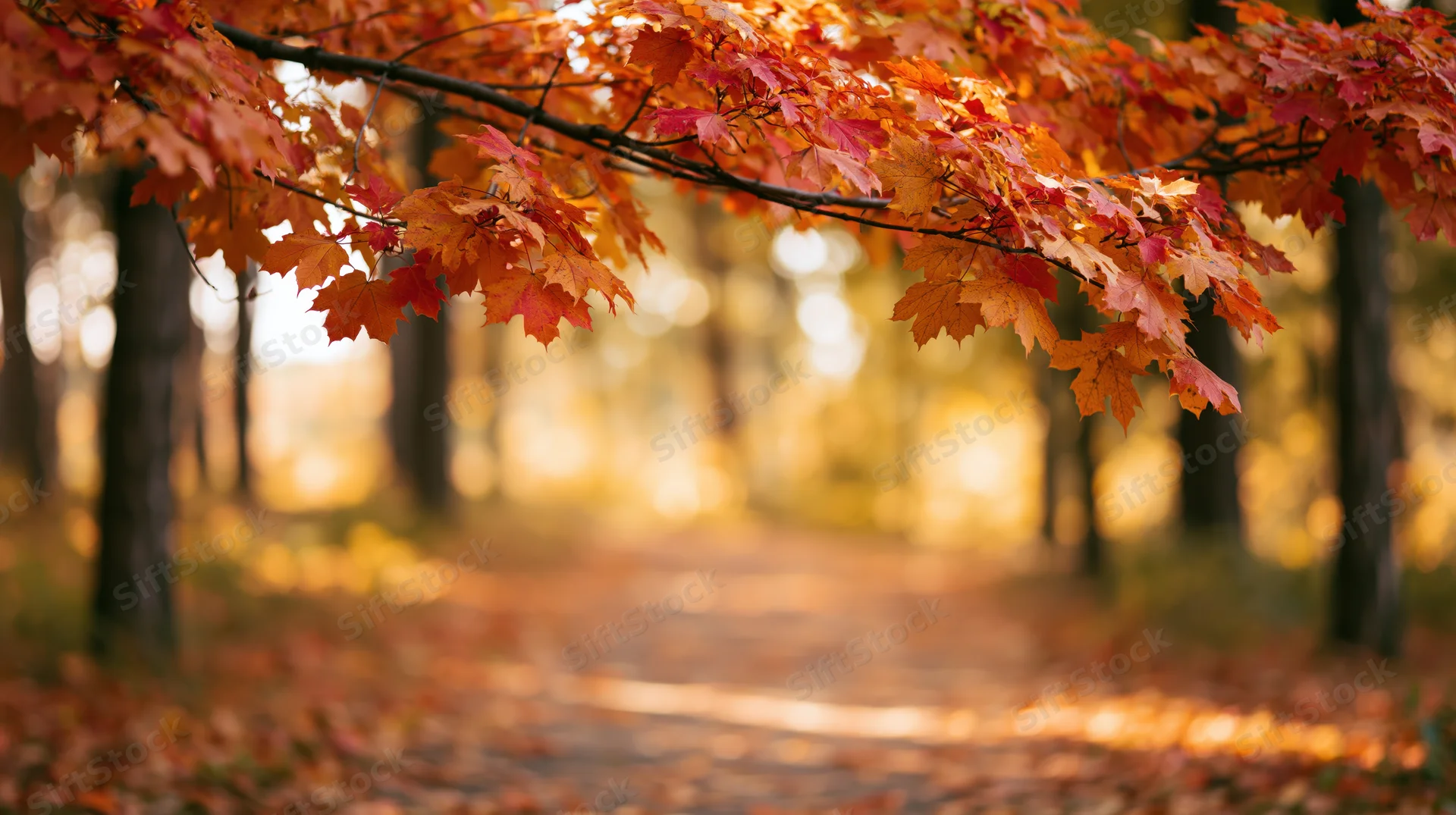Maple branches with autumn leaves over a forest path in fall