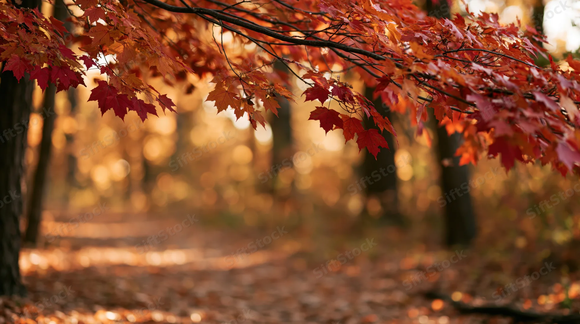 Maple branches with red autumn leaves over a forest path covered in fallen foliage