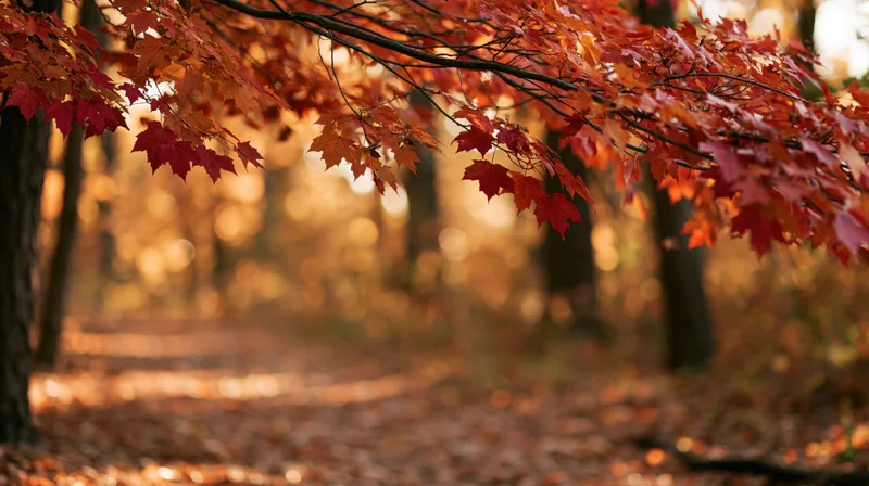Maple branches with red autumn leaves over a forest path covered in fallen foliage