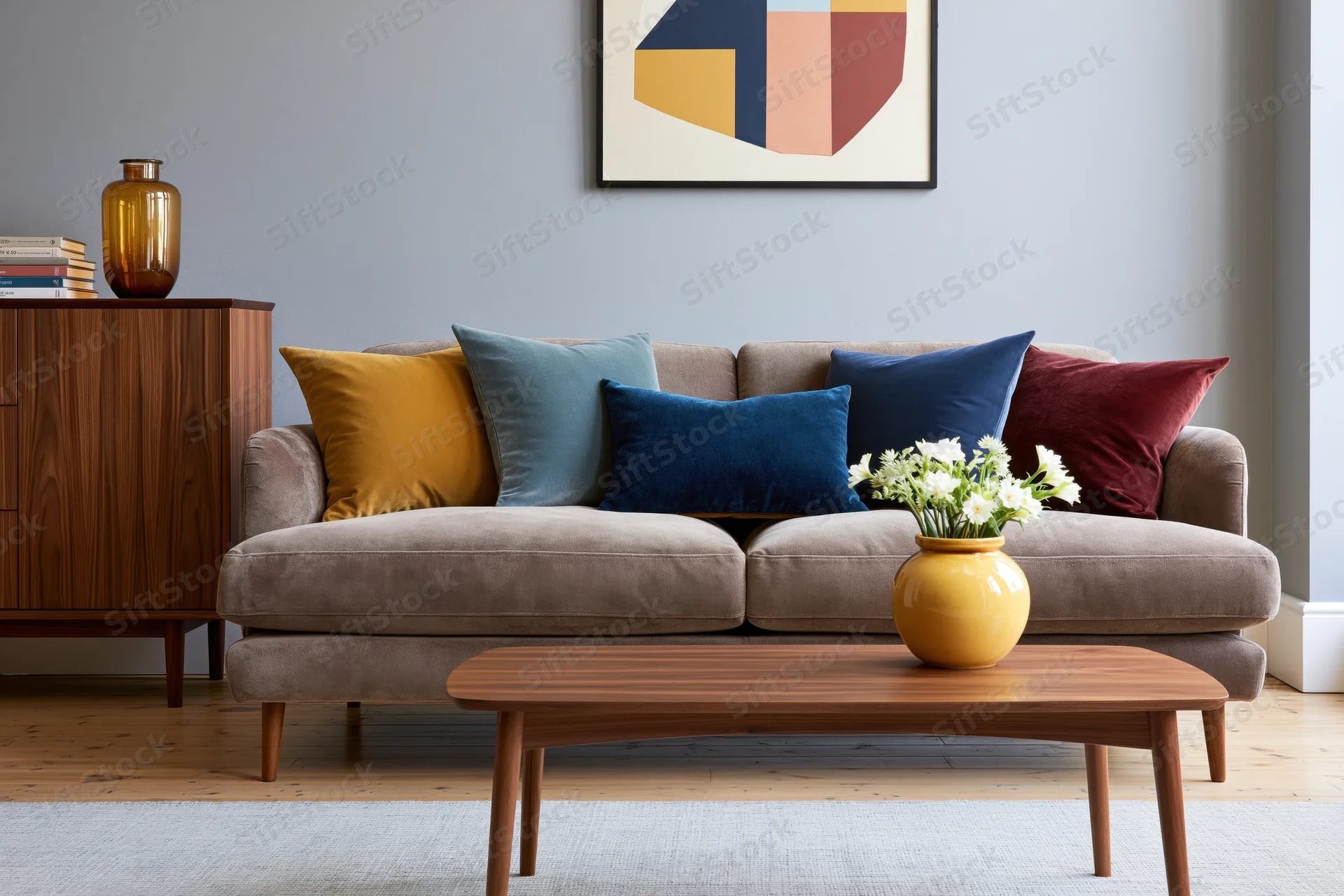Taupe sofa with colorful cushions and wooden coffee table in mid-century modern living room