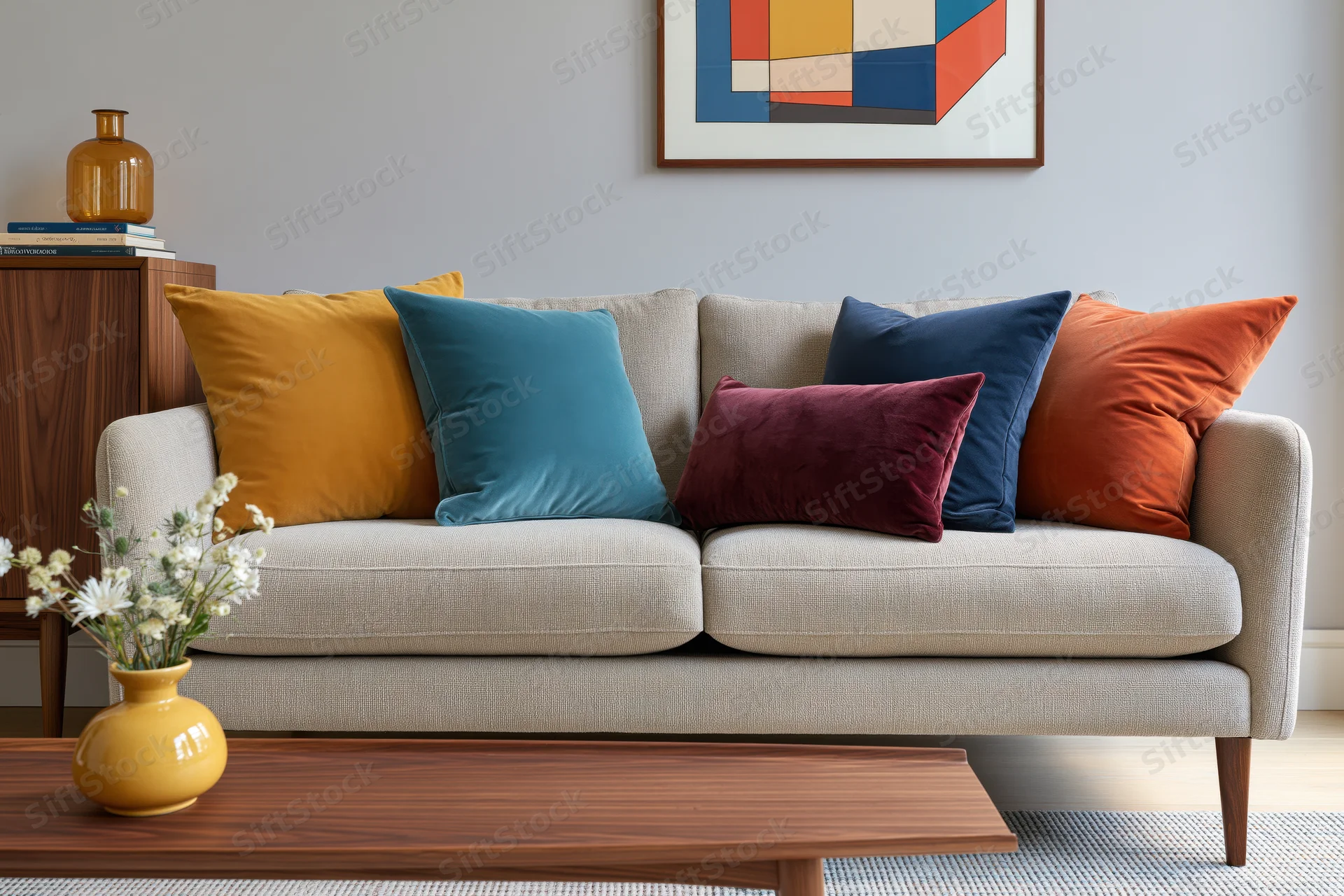 Beige sofa with colorful cushions arranged in a midcentury modern living room with wooden coffee table and abstract art on the wall
